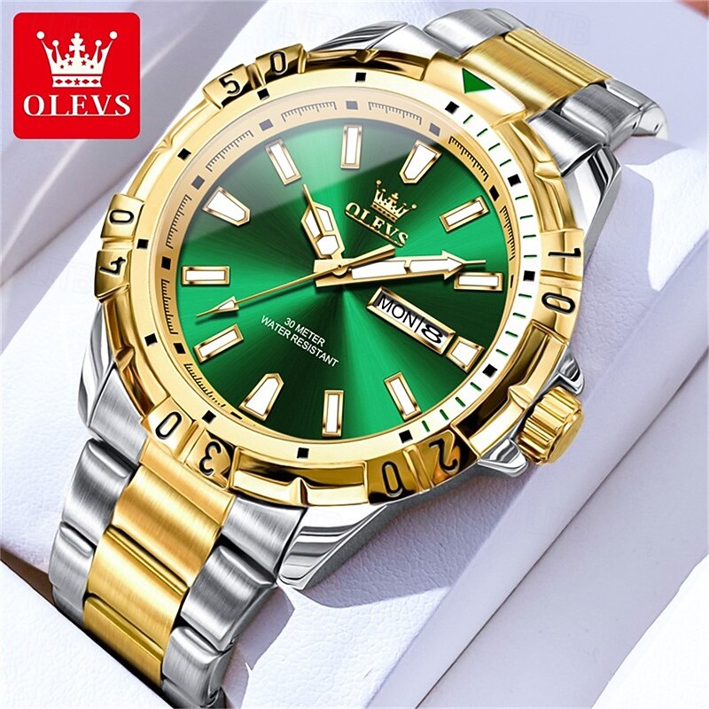 The New Olevs Brand Men'S Business Watch Classic Green Water Ghost Calendar Week Display Quartz Watch Waterproof Sports Fashion Watch3