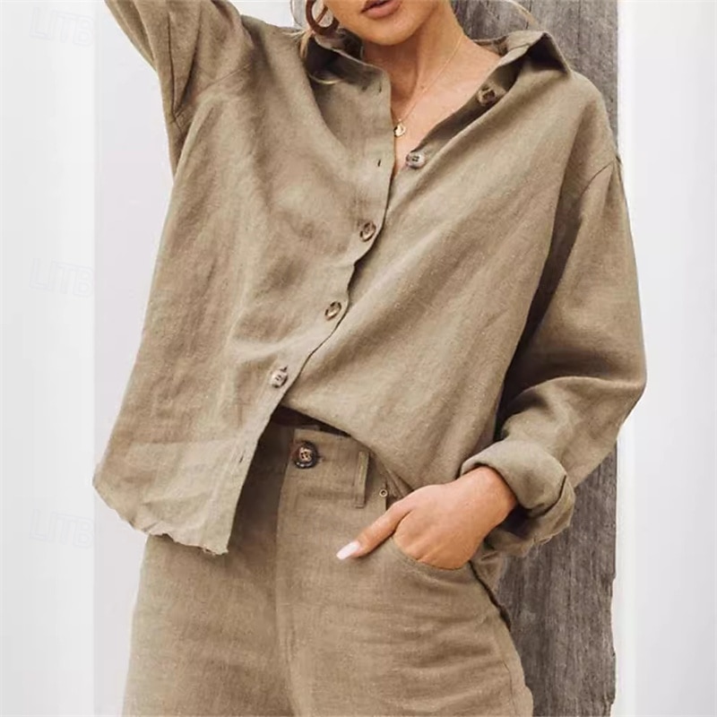 Women's Shirt Cotton Linen Shirts Linen Shirt Button Up Plain Daily Stylish Basic Long Sleeve Shirt Collar Regular Tops Work Daily Holiday Buttons Black White Khaki Spring Fall4