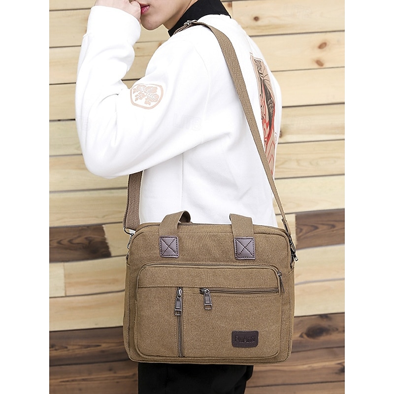Men's Casual Canvas Messenger Bag with Multiple Zipper Pockets, Adjustable Shoulder Strap, Stylish Khaki Color, Ideal for Work, Travel and Everyday Use