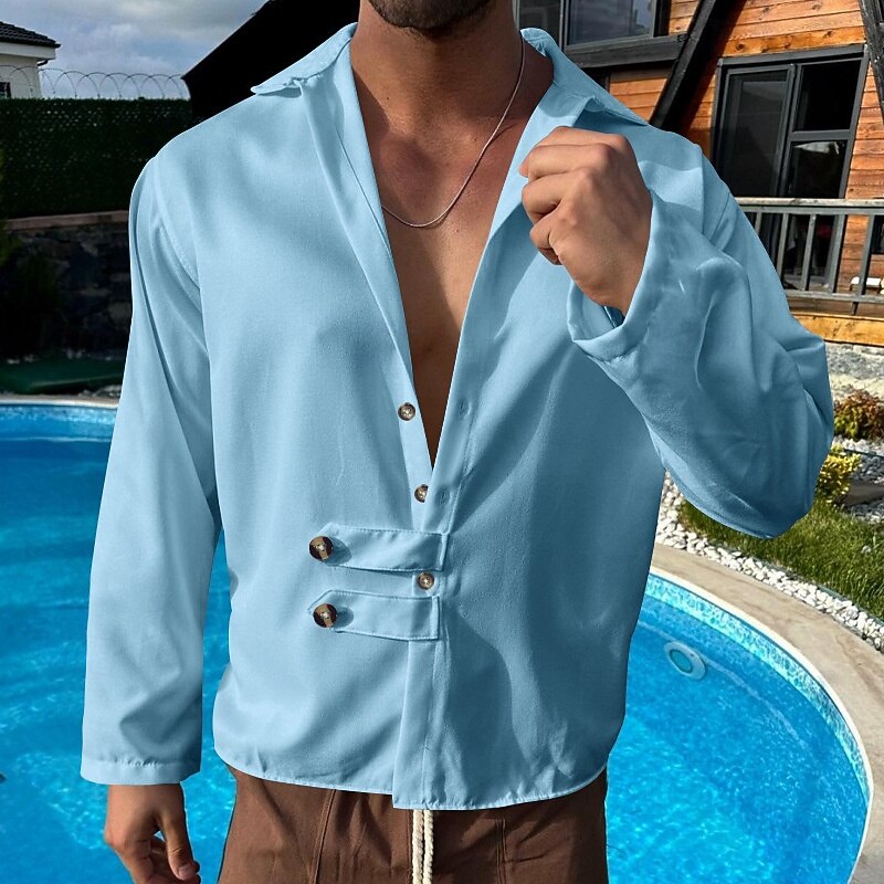 Men's Shirt Summer Shirt Casual Shirt Beach Shirt Button Up Shirt Black White Army Green Gray Light Blue Long Sleeve Plain Lapel Vacation Hawaiian Button-Down Clothing Apparel Polyester Fashion2