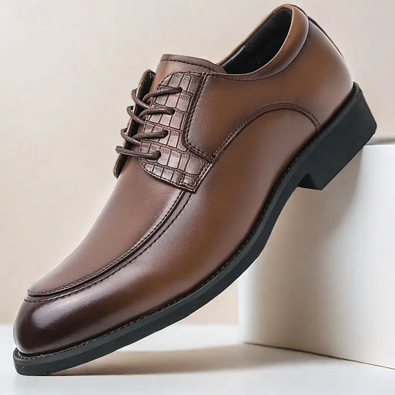 Men's Brown Faux Leather Lace-Up Dress Shoes with Woven Detail, Classic Formal Style, Comfortable for Weddings and Business Events2
