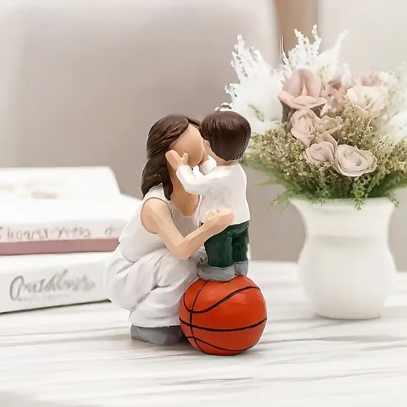 Love Theme Resin Figurine - 1pc Mother and Son Basketball Statue for Living Room Decor - No Electricity Needed, Ideal for Wedding, Housewarming, Mother's Day, Christmas, Halloween, Easter, Hanukkah, T3