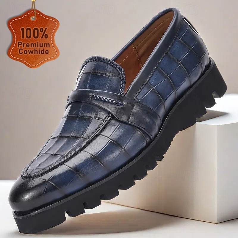 Men's Genuine Leather Loafers – Crocodile Embossed Slip-On Dress Shoes with Rugged Sole for Business & Formal Wear