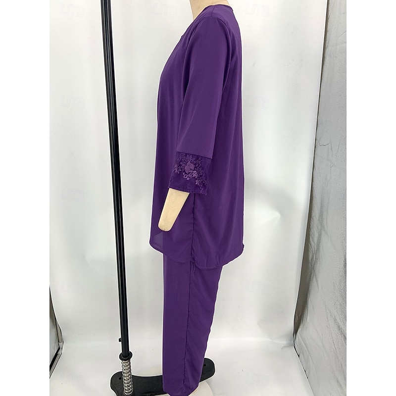 Pantsuit Mother of the Bride  Elegant Casual Jewel Neck Floor Length Polyester Long Sleeve with Lace4