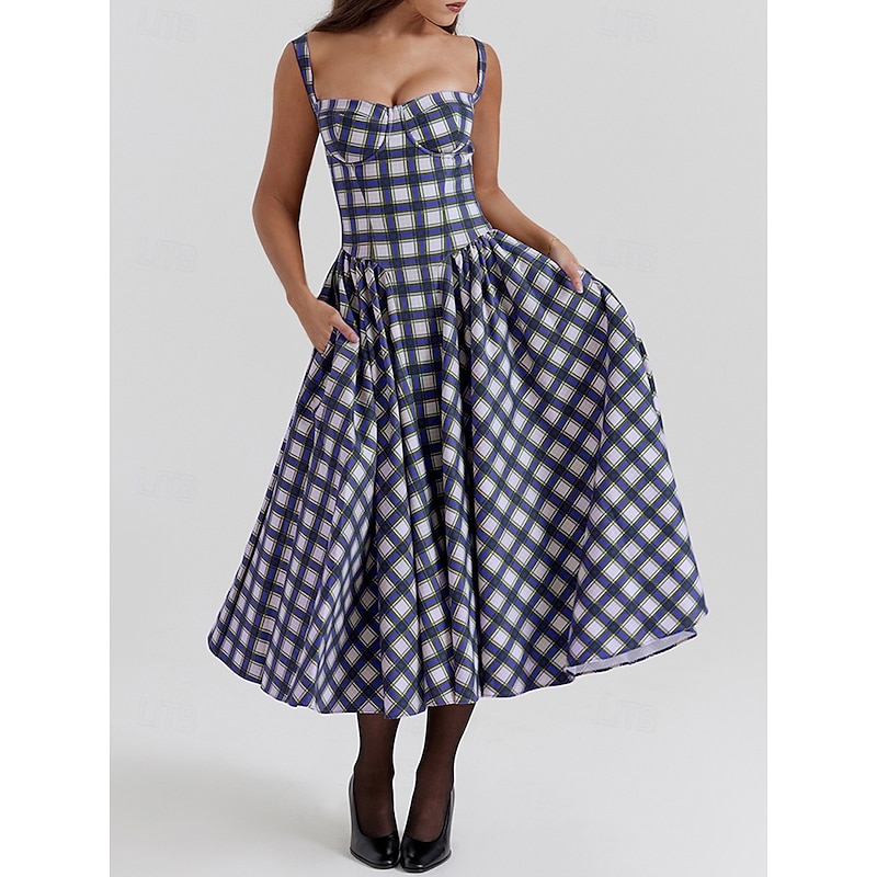 Retro Vintage 1950s Midi Dress Flare Dress Spaghetti Strap Corset Plaid A-Line Fancy Dress Women's Masquerade Wedding Vacation Tea Party Adults' Dress