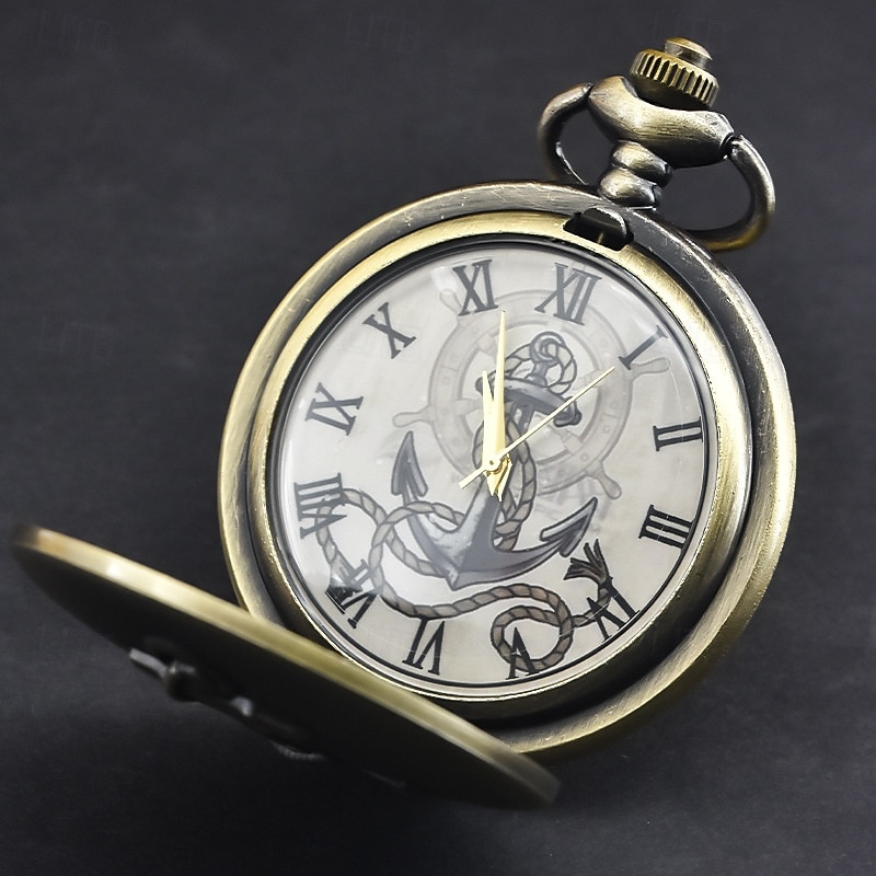 Classic Vintage Large Quartz Pocket Watch Anchor Relief Roman Face Necklace Quartz Pocket Watch