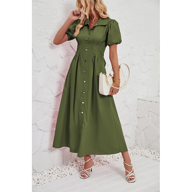Retro Vintage 1950s Midi Dress Flare Dress Shirt Dress Puff Sleeve Solid Color A-Line V Neck Fancy Dress Women's Masquerade Wedding Vacation Tea Party Adults' Dress