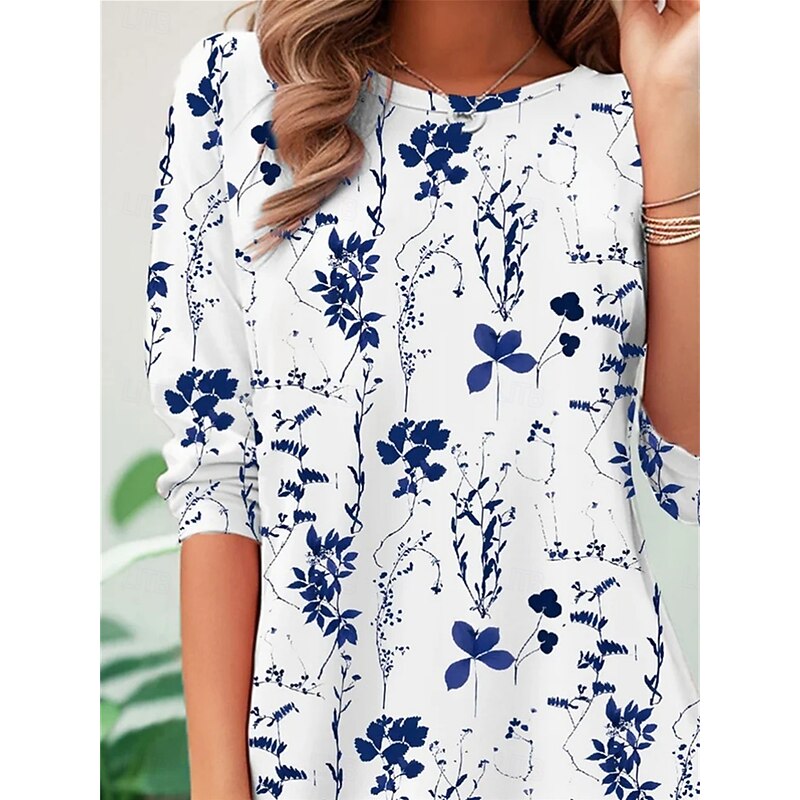 Women's T shirt Long Sleeve Crew Neck Long Sleeve Tunic Floral Casual Regular Tops Daily Print Blue Spring Fall Prefall3