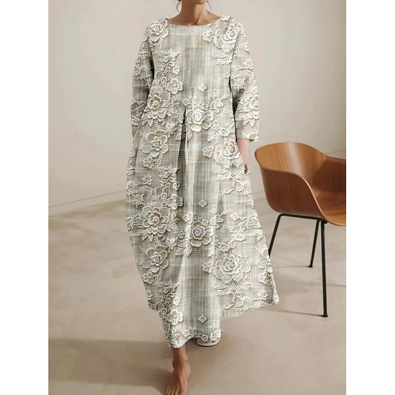 Women's Maxi Dress Casual Dress Casual Vacation Loose Fit Floral Graphic Linen Like 3/4 Length Sleeve Crew Neck Blue Light Purple Green Beige Spring Fall Winter2