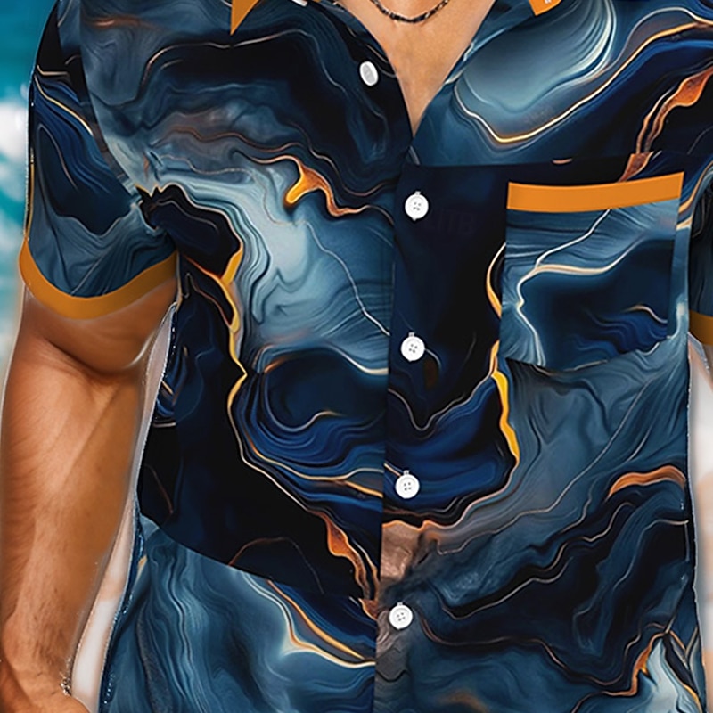 Men's Geometric Abstract Marble Shirt Button Up Shirt Short Sleeve Fashion Casual Vacation Streetwear Beach Wear Summer Fall Turndown 3D Print Collared Shirts Front One Pocket Blue2