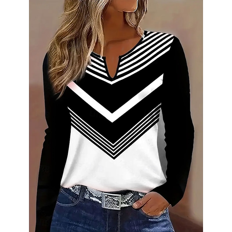 Women's T Shirt Color Block Striped Casual Long Sleeve Notched Neck Regular Tops Daily Print Black Spring Fall