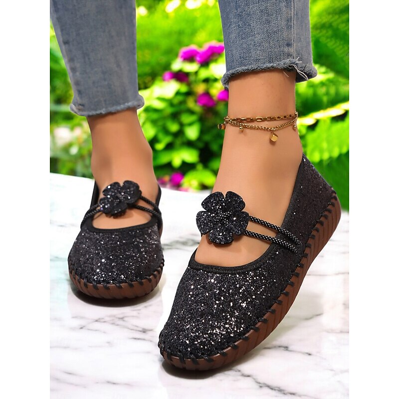 Women's Glitter Flats – Sparkly Mary Jane Loafers with Flower Decoration, Comfortable Walking Shoes for Party & Casual Wear