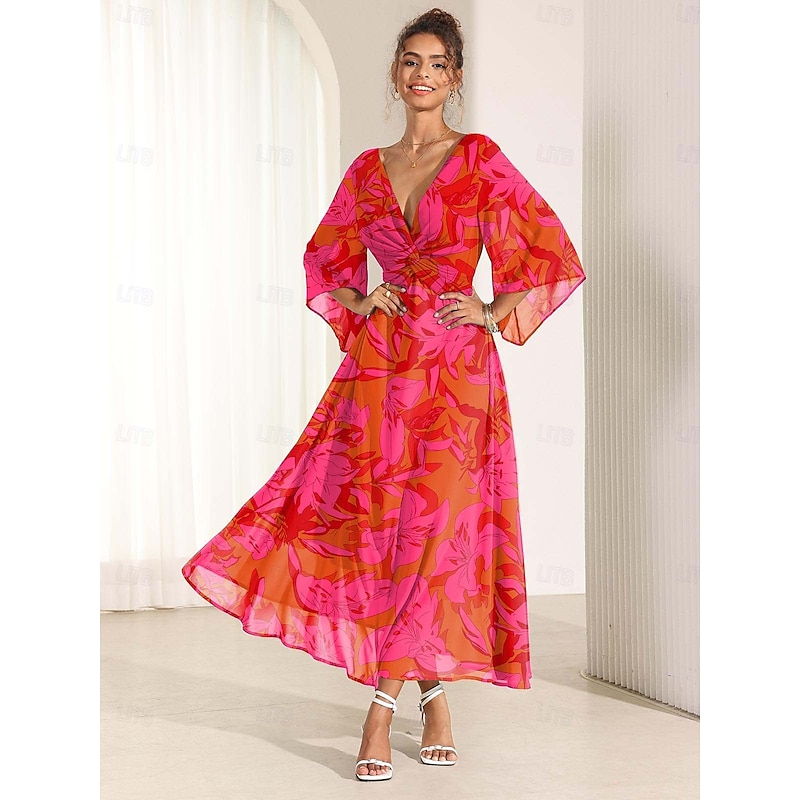 Women's Maxi Dress A Line Dress Elegant Flared Sleeve Wedding Guest Cocktail Party Regular Fit Floral 3/4 Length Sleeve V Neck Red Summer