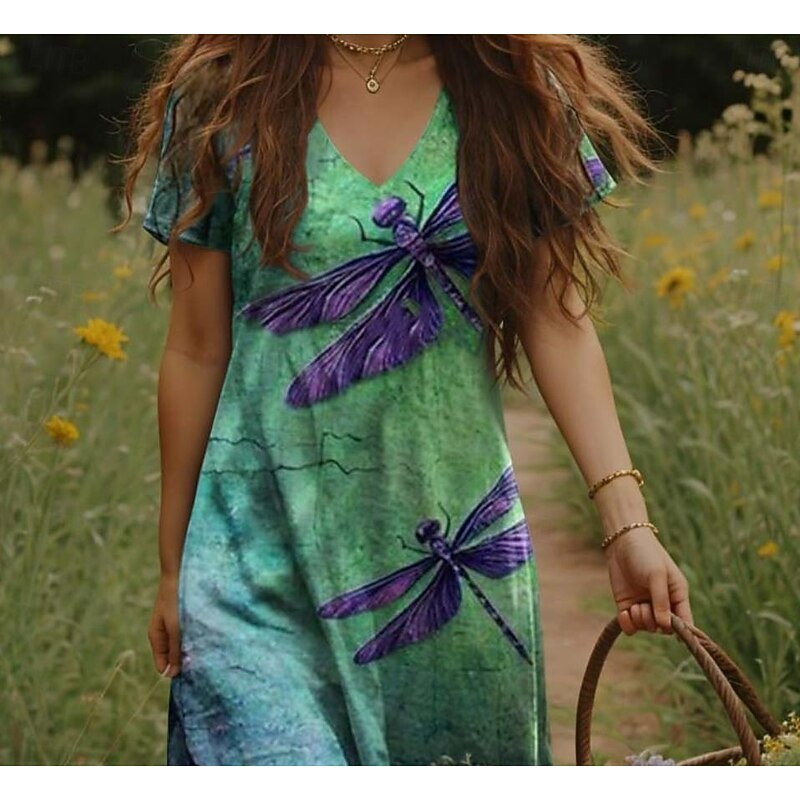 Women's Maxi Dress Casual Dress A Line Dress Bohemia Vacation Vintage Vacation Daily Regular Fit Floral Short Sleeve V Neck Yellow Light Green Orange Green Summer Spring2