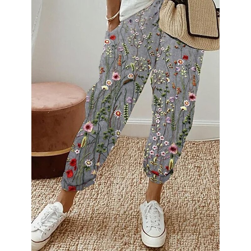 Women's Cotton Linen Pants Baggy Pants Linen Like Elegant Vintage Fashion Full Length High Waist Floral Printing Breathable Soft Micro-elastic Outdoor Daily Linen Like Light Gray Regular Fit