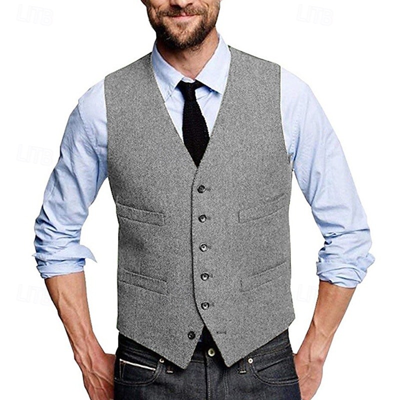 Men's Vest Waistcoat Gilet Vacation Daily Wedding Party Date Fashion Casual Spring Fall Buttons Pocket Polyester Comfortable Plain Single Breasted One-button V Neck Regular Fit Silver Black Red