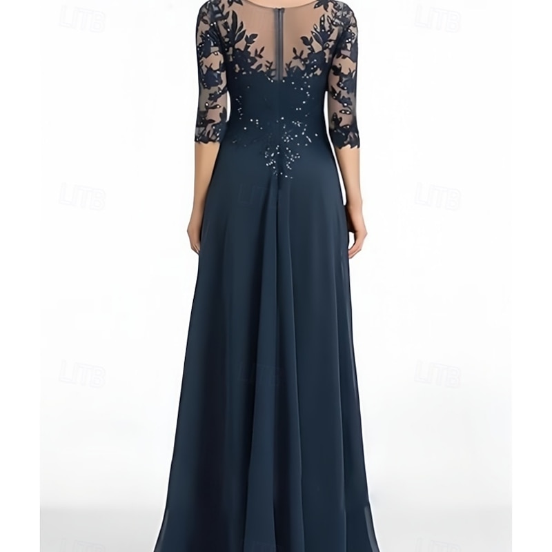 A-Line Mother of the Bride Dress Wedding Guest Elegant V Neck Floor Length Chiffon 3/4 Length Sleeve with Beading Appliques3