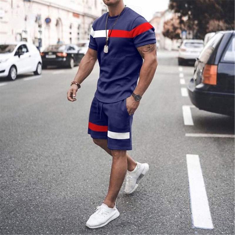 Men's T-shirt Suits 2 Pieces Outfits Tee & Shorts Short Sleeve Crewneck Summer Color Block Fashion Casual 2 Piece Vacation Daily Wear Going out Black Pink White Top Tee for Men