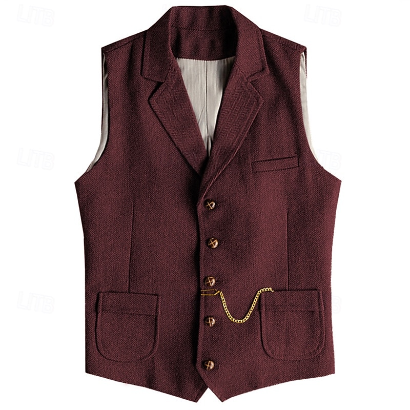 Men's Vest Waistcoat Gilet Vacation Daily Wedding Party Date Fashion Casual Spring Fall Buttons Pocket Polyester Comfortable Plain Single Breasted One-button Lapel Regular Fit Champagne Burgundy Navy2