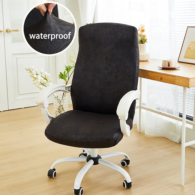 PU Leather Waterproof Elastic Chair Covers Anti-dirty Rotating Stretch Office Computer Desk Seat Chair Cover Removable Slipcovers Office Zipper Chair Cover2