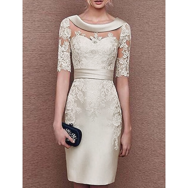 Sheath Mother of the Bride Dress Wedding Guest Elegant Vintage Jewel Neck Knee Length Satin Lace Short Sleeve with Appliques Race Day Dress