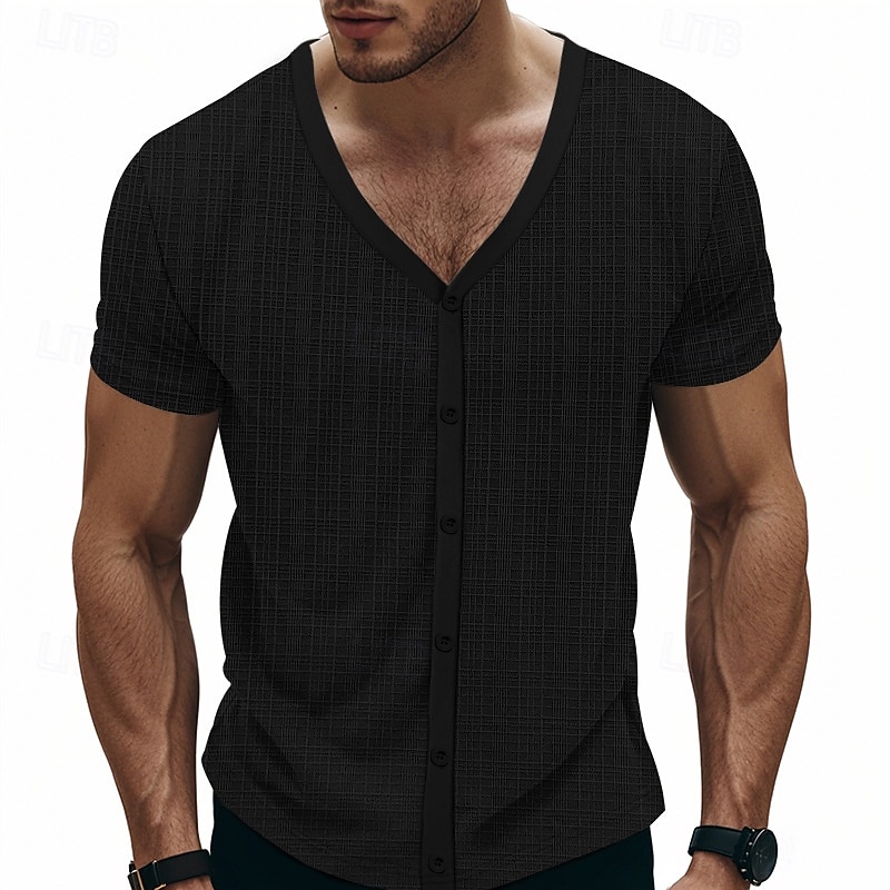 Men's Tee Short Sleeve Shirt Tee Top Short Sleeve V Neck Spring &  Fall Plain Fashion Designer Buckle Vacation Street Going out Navy Black White Top Tee for Men3