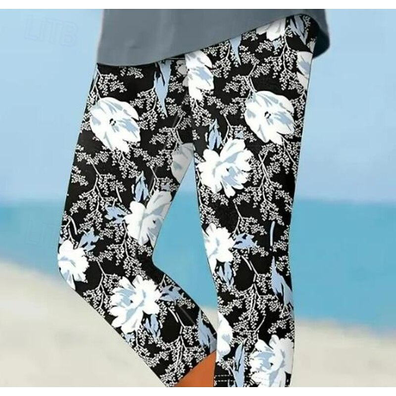 Women's Leggings Capri Pants High Elasticity Vacation Fashion Hawaiian Ankle-Length Mid Waist Floral Printing Thermal Warm Breathable Soft  Vacation Casual Daily Ash Summer Spring Regular Fit3
