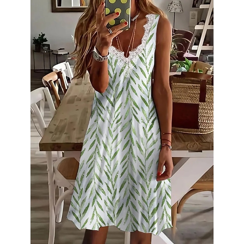 Women's EU / US Size Mini Dress Casual Dress Beach Dress Elegant Dress Elegant Bohemia Vacation Sleeveless Vacation Casual Beach Form Fit Solid Color Leaf Sleeveless V Neck White Light Green Green