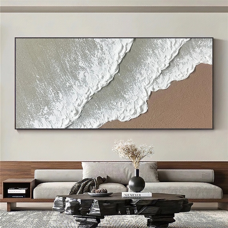 Handmade  White Ocean Wave Art oil painting handpainted Beach Abstract Painting White Wall Art Brown 3D Texture Painting Brown Beach painting Wall Art Modern Pastel Room Decor2