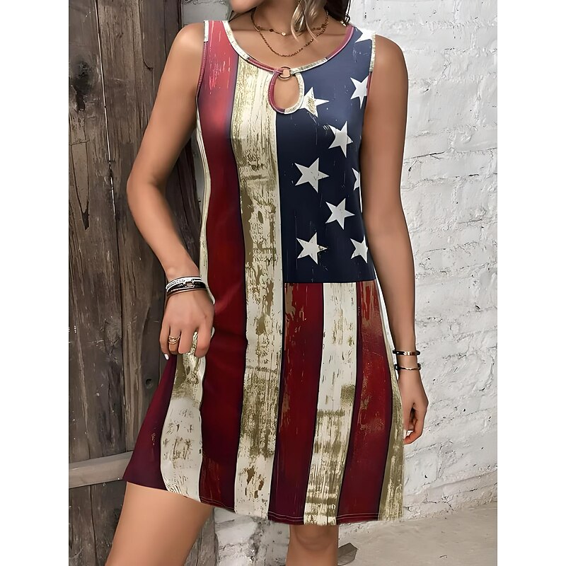 Women's Patriotic  Mini Dress Casual Dress Tank Dress Vacation Casual Vacation Daily Regular Fit Flag Sleeveless Crew Neck Red Summer2