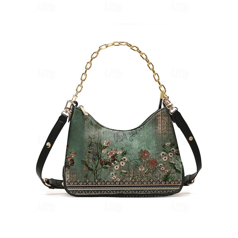 Women's Vintage Floral Print Shoulder Bag with Gold Chain Strap - Stylish and Elegant, Suitable for Casual and Formal Occasions, Great for Day or Evening Wear Black Red Blue