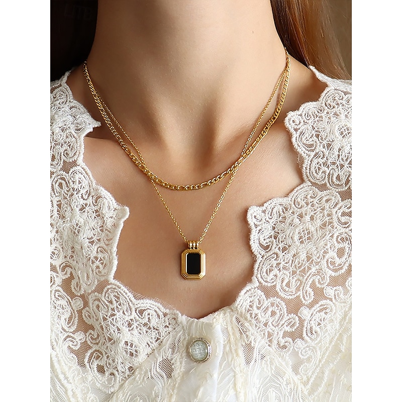 Women's multi-layered double chain with black rectangular pendant necklace - can be worn separately, elegant women's jewelry, suitable for formal and casual occasions2
