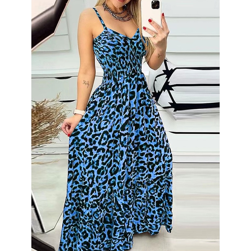 Women's Maxi Dress Casual Dress Maxi Dress Stylish Sexy Casual Vacation Casual Daily Regular Fit Leopard Sleeveless V Neck Red Blue Gray Summer Spring4