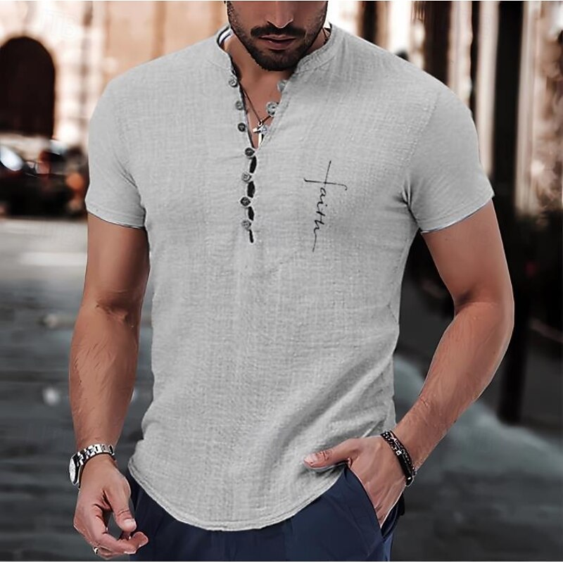 Men's Shirt Popover Shirt Summer Shirt Casual Shirt Button Up Shirt Light Green Purple khaki Light Grey Light Blue Short Sleeve Faith Solid / Plain Color Band Collar Henley Vacation Hawaiian Buckle3