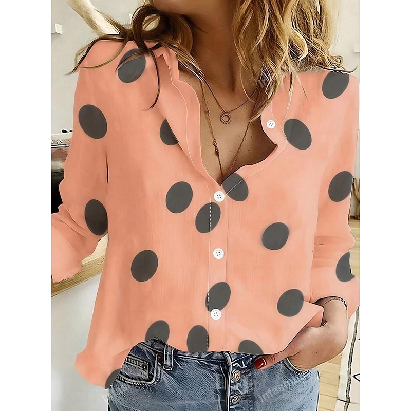 Women's Shirt Button Down Tunic Shirt Collar Long Sleeve Polka Dot Casual Regular Tops Daily s Print Orange Spring Fall