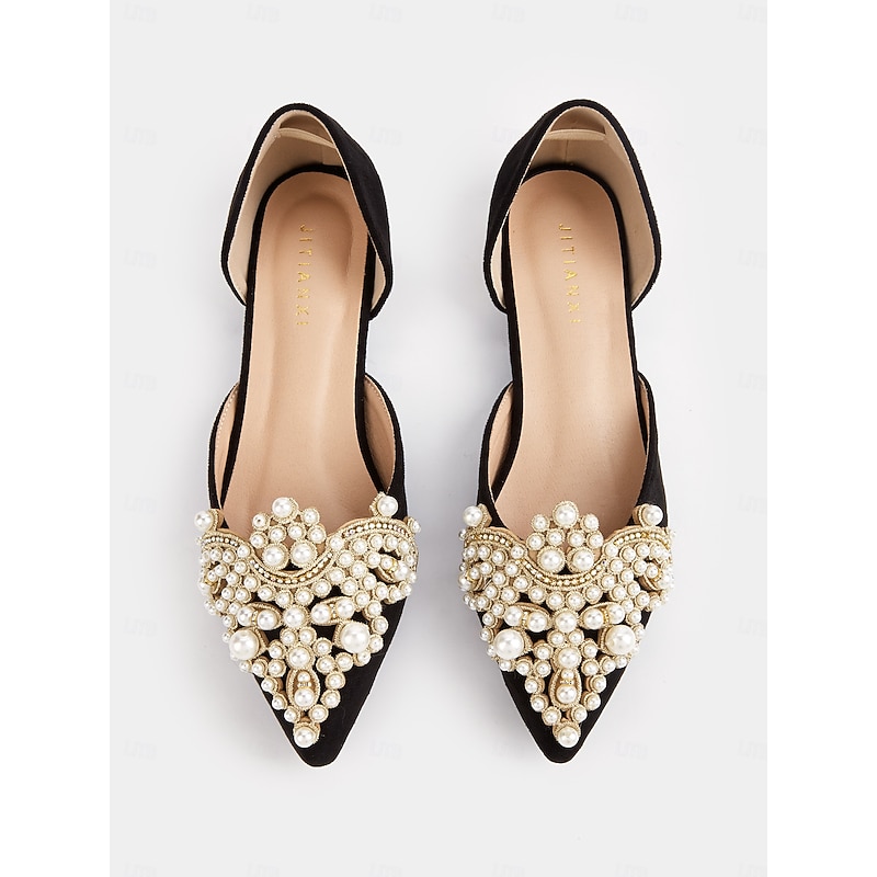 Black Satin Pointed Toe Flats for Women with Pearl & Crystal Embellishment – Elegant Bridal Flats for Weddings and Special Events3
