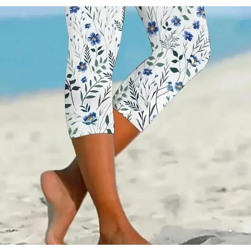 Women's Leggings Capri Pants High Elasticity Fashion Streetwear Knee Length Mid Waist Floral Printing Thermal Warm Breathable Soft  Vacation Causal Daily milk white Summer Spring Regular Fit3