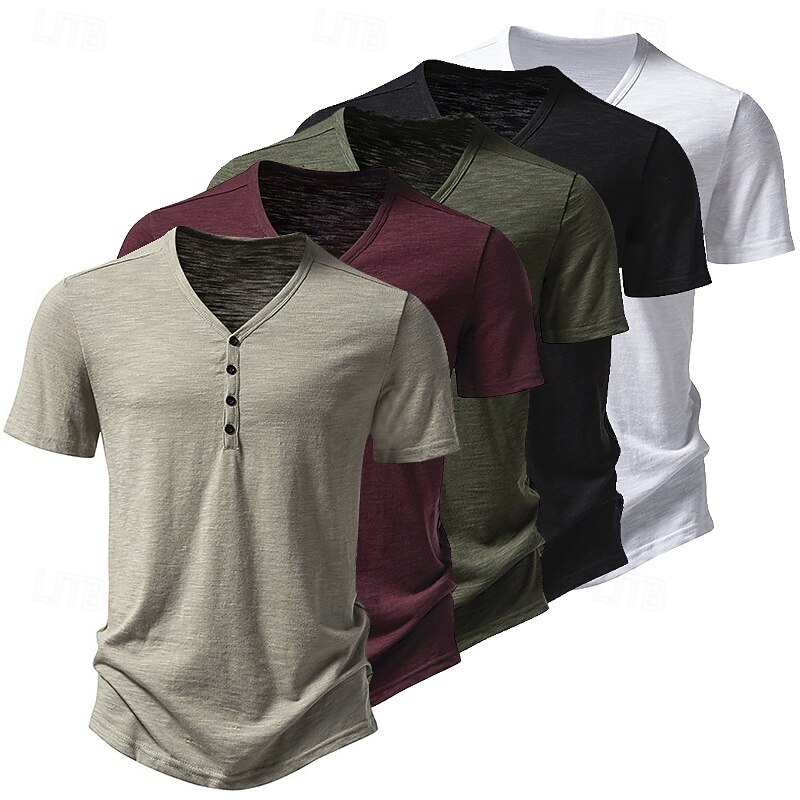 Men's T Shirt Tee Top Short Sleeves Plain Designer Basic Buttons V Neck Vacation Street Going out Summer Black White Burgundy Henley T-Shirt