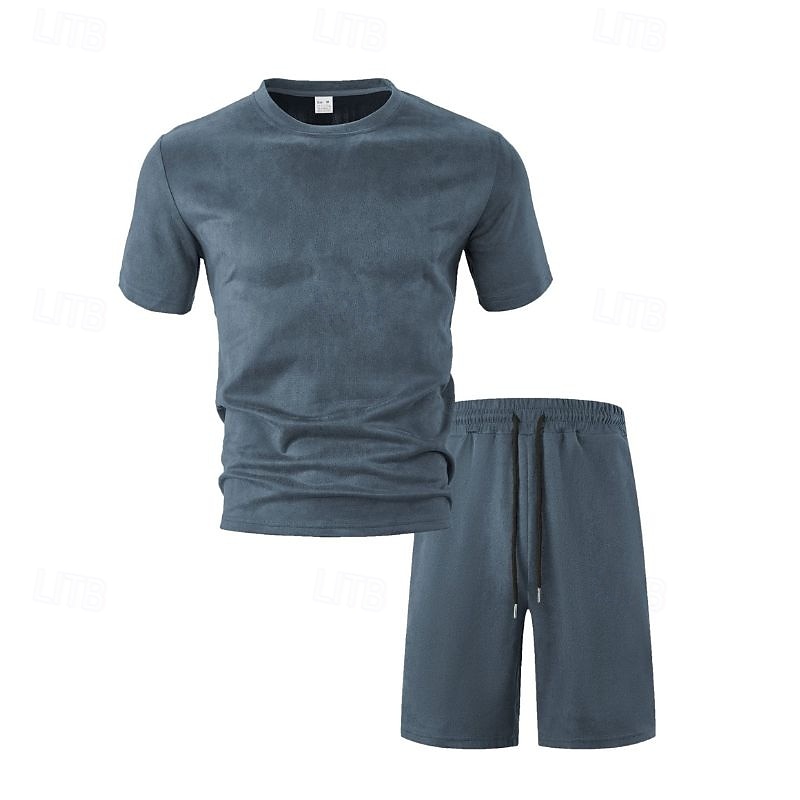 Men's T-shirt Suits 2 Pieces Outfits Tee & Shorts Short Sleeve Crewneck Summer Solid / Plain Color Fashion Casual 2 Piece Vacation Daily Wear Going out Wine Royal Blue Army Green Top Tee for Men4