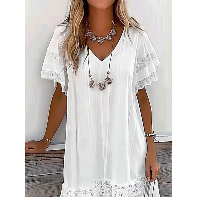 Women's Mini Dress White Dress Lace Dress Casual Dress A Line Dress Basic Casual Vacation Daily Regular Fit Graphic Short Sleeve V Neck White Summer2