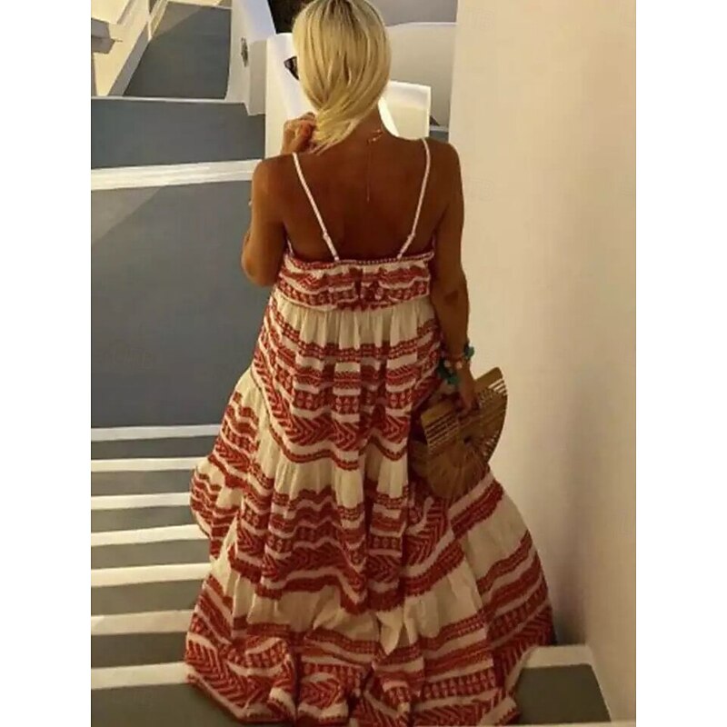 Women's Maxi Dress Casual Dress Slip Dress Boho Dress Bohemia Casual Vacation Daily Regular Fit Geometric Sleeveless Strap Black Red Green Summer2