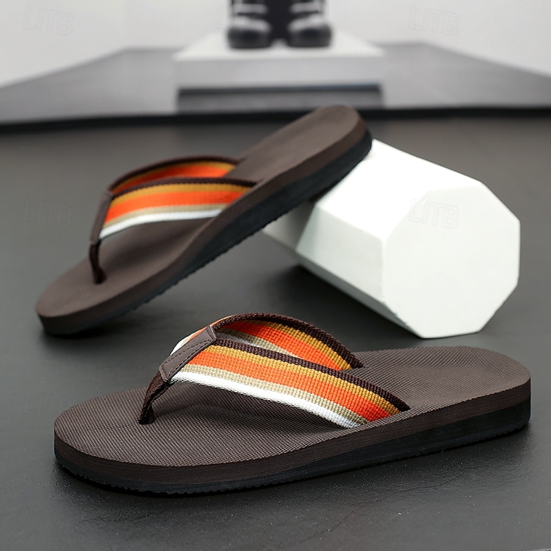 Men's Brown Flip Flops with Multi-Color Striped Strap, Casual Style for Beach and Summer Wear4