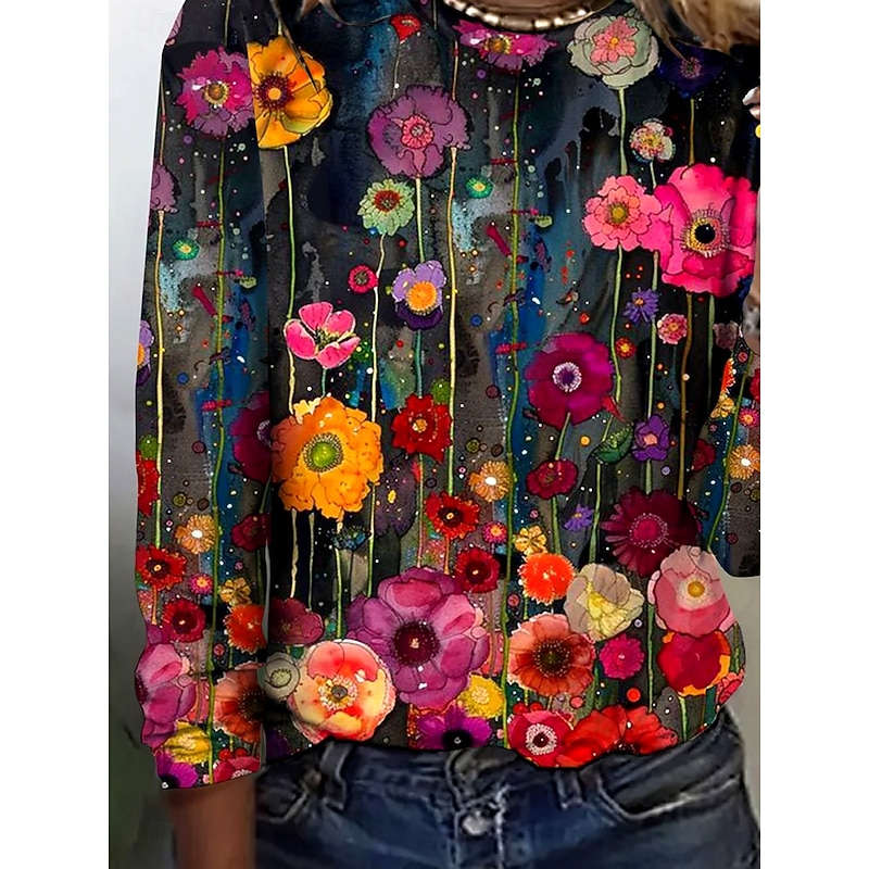 Women's T shirt Long Sleeve Crew Neck Long Sleeve Tunic Floral Elegant Vintage Regular Tops Daily Going out Weekend Print Red Prefall3