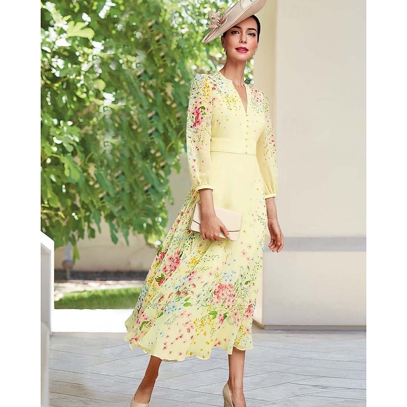 A-Line Mother of the Bride Dress Elegant Simple Minimalist V Neck Floral Print Floor Length Chiffon Long Sleeve with Covered Buttons Race Day Dress Wedding Guest Dress