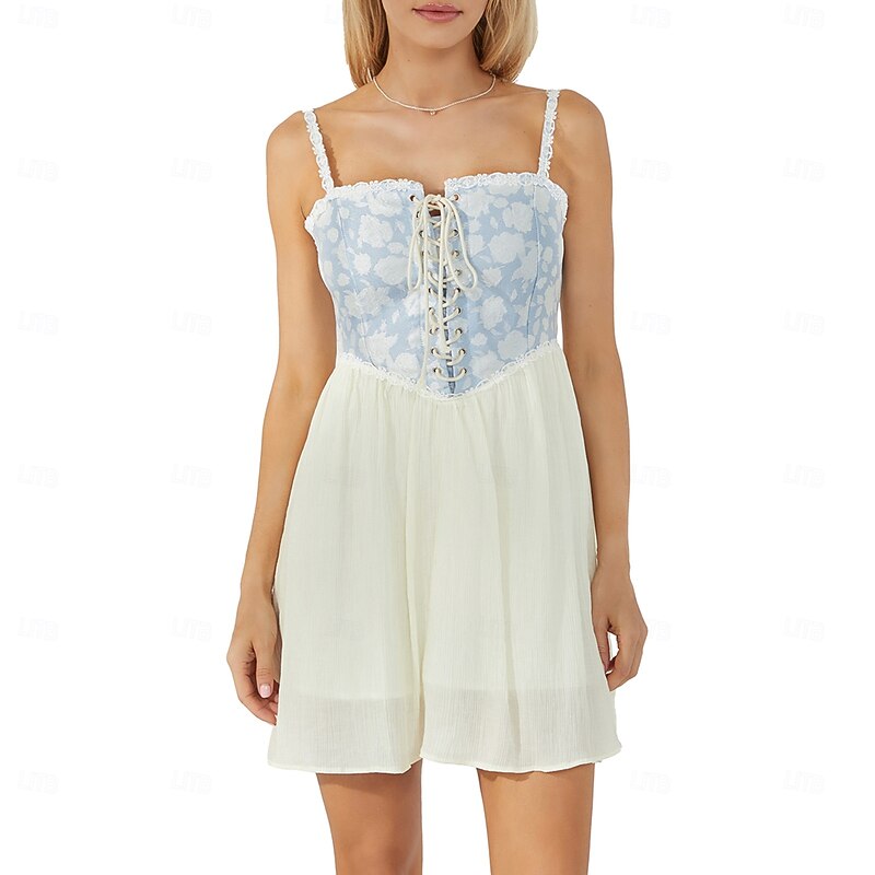 Retro Vintage Medieval Renaissance Mini Dress Flare Dress Elven Spaghetti Strap Corset Floral A-Line Swing Fancy Dress Women's Fantasy Adults' Dress3