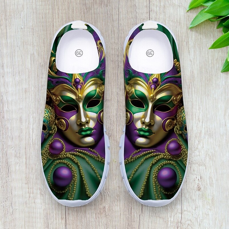 Vibrant Women's Slip-On Athletic Shoes with Carnival Mask Design, Ideal for Festive Occasions, Parades, and Casual Wear4