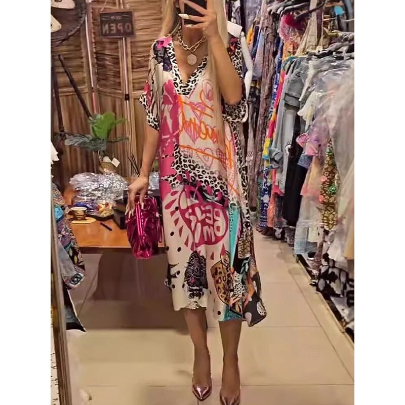 Women's Midi Dress Casual Dress A Line Dress Stylish Casual Vacation Daily Loose Fit Heart Floral Leopard Short Sleeve V Neck Pink Blue Green Summer2