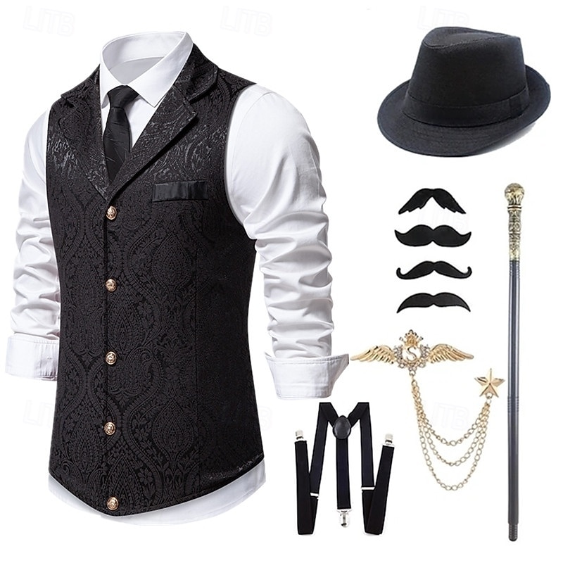 1920s Vintage Inspired The Great Gatsby Party Costume Masquerade Accessories Set Sleeveless Printing Turndown Fancy Dress Men's Halloween Party & Evening Casual Daily Adults' Vest Hat All Seasons3