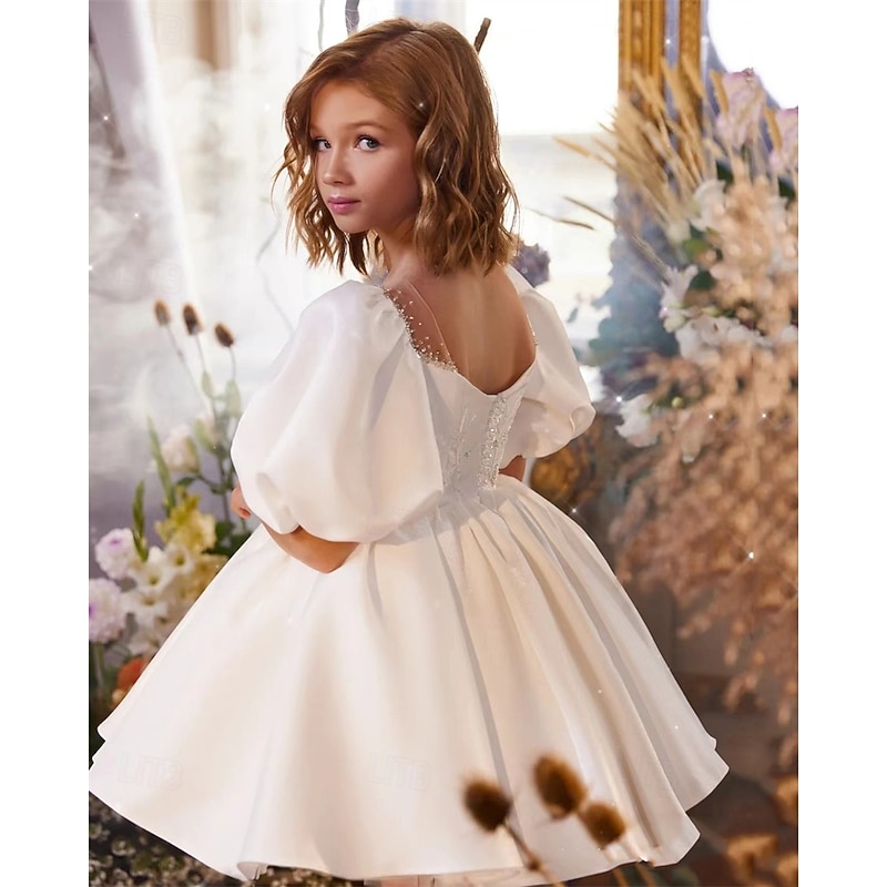 Flower Girl Dress Kid's Girls' Princess Dress Performance Wedding Party Elegant Beautiful Mesh Solid Color Short Sleeve Crew Neck White 4 years+2