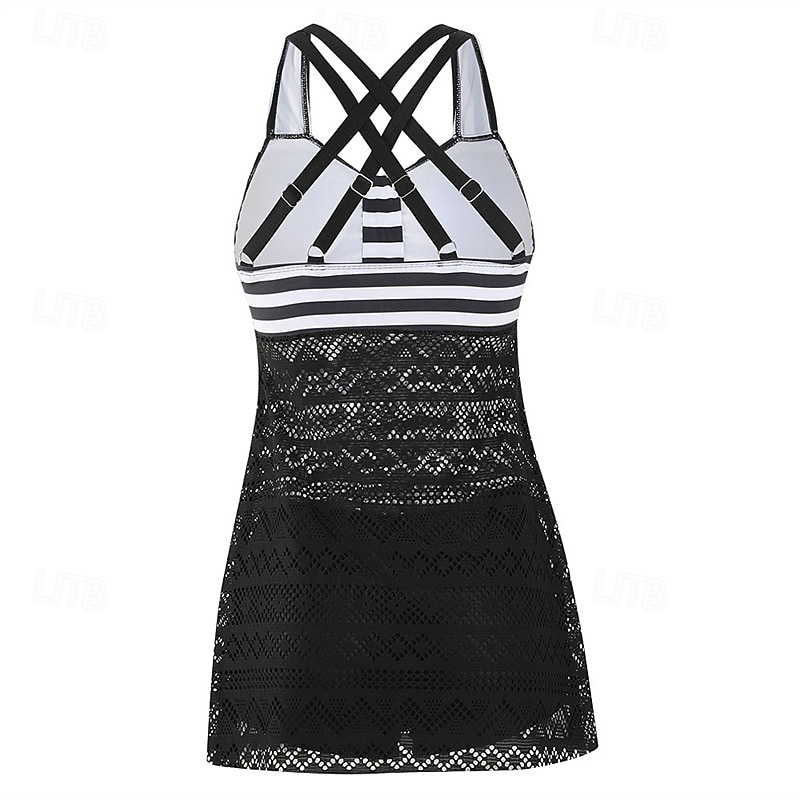 Women's Tankini Two Piece Swimsuit Lace Swimwear Stripes Swimwear Black Purple Breathable Quick Dry Lightweight Sleeveless - Swimming Surfing Beach Summer Spring Plus Size4